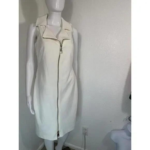 Calvin Klein White Moto Zip Dress Size 10 Sleeveless Belted Minimalist Chic - Picture 3 of 6